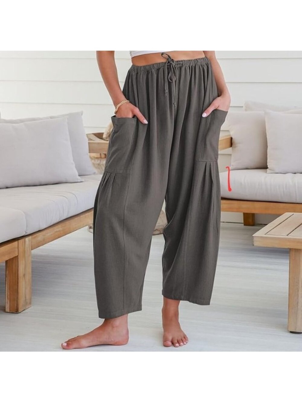 Tarse Gray Linen Blend Wide Leg Palazzo Harem Pants Pockets Drawstring Small